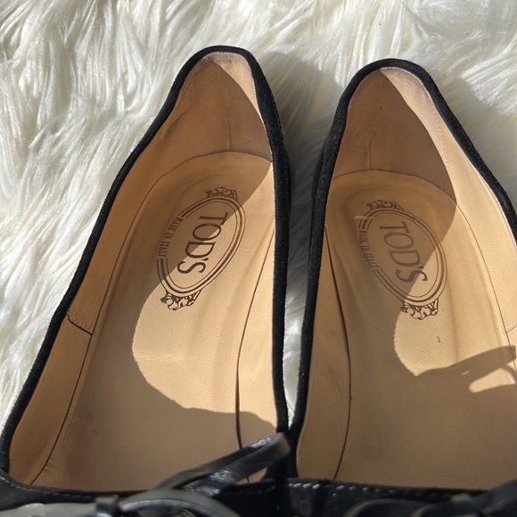 Tod’s Black Patent Leather/Suede Fringe Loafer Pumps Heels - Picture 10 of 16